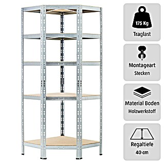 Regalux Eckregal (H x B x T: 180 x 70 x 40 cm, Traglast pro Boden: 175 kg, Anzahl Böden: 5 Stk., Stecken, Silber)