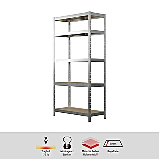 Regalux Metallregal (H x B x T: 180 x 90 x 40 cm, Traglast pro Boden: 175 kg, Anzahl Böden: 5 Stk., Stecken, Grau)