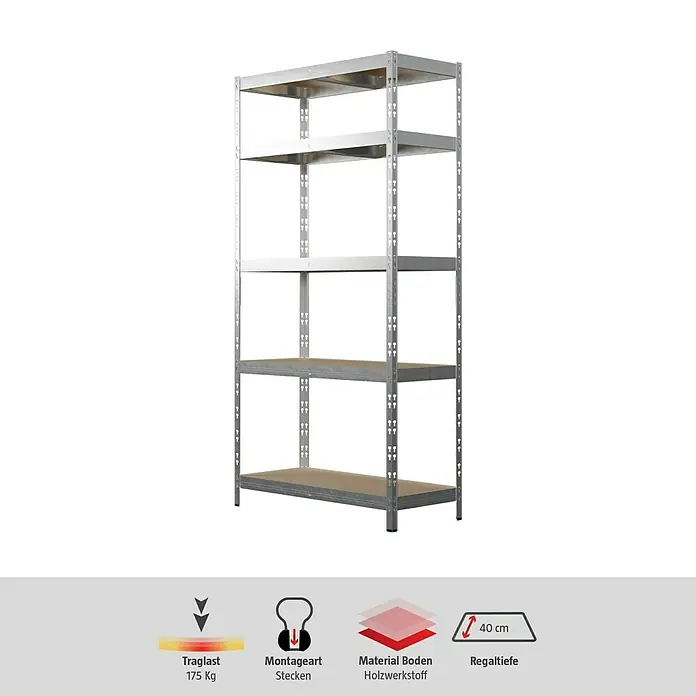 Regalux Metallregal - H x B x T: 180 x 90 x 40 cm, Traglast pro Boden: 175 kg, Anzahl Böden: 5 Stk., Grau, Stecken - Produktbild eines robusten, silberfarbenen Schwerlastregals mit fünf Böden, ideal für Lagerung und Ordnung.
