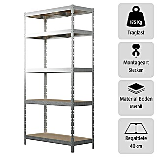 Regalux Metallregal (H x B x T: 180 x 90 x 40 cm, Traglast pro Boden: 175 kg, Anzahl Böden: 5 Stk., Stecken, Graphitgrau)