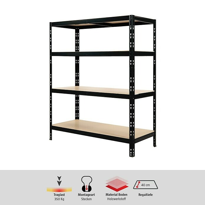 Regalux Schwerlastregal S350 (H x B x T: 180 x 120 x 40 cm, Traglast pro Boden: 350 kg, Anzahl Böden: 4 Stk., Stecken, Schwarz) | BAUHAUS