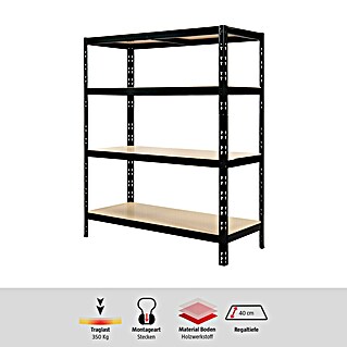 Regalux Schwerlastregal S350 (H x B x T: 180 x 120 x 40 cm, Traglast pro Boden: 350 kg, Anzahl Böden: 4 Stk., Stecken, Schwarz)