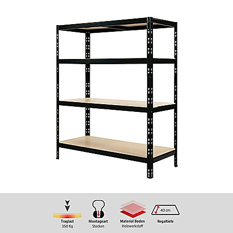 Regalux Schwerlastregal S350 (H x B x T: 180 x 120 x 40 cm, Traglast pro Boden: 350 kg, Anzahl Böden: 4 Stk., Stecken, Schwarz)