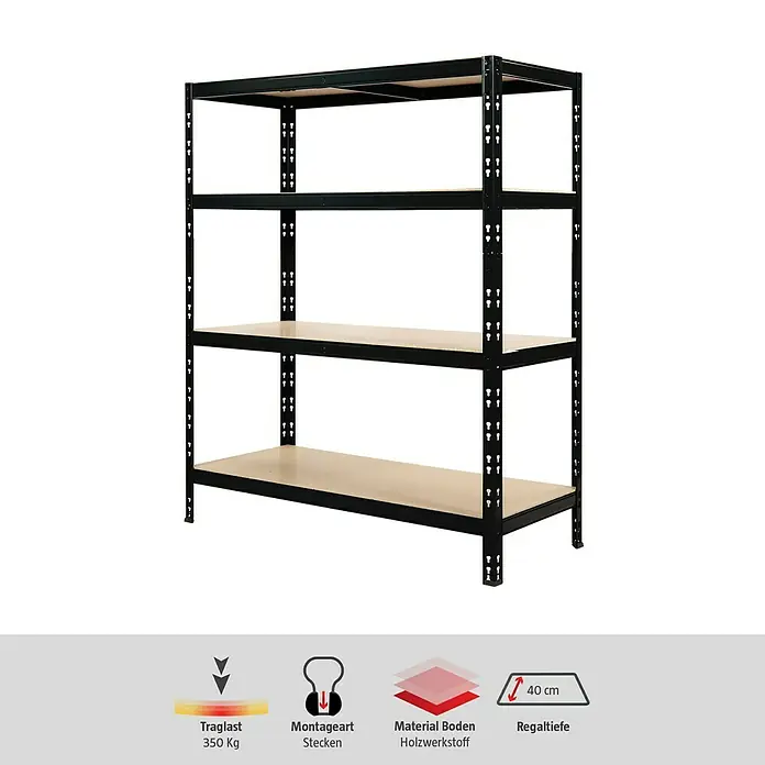 Regalux Schwerlastregal S350 - H x B x T: 180 x 120 x 40 cm, Traglast pro Boden: 350 kg, Anzahl Böden: 4 Stk., Stecken, Schwarz - Ein robustes Regal mit vier Ebenen, ideal für Lagerung. Traglast 350 Kg, Steckmontage, Holzböden, Regaltiefe 40cm.