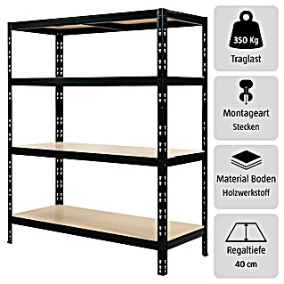 Regalux Schwerlastregal S350 (H x B x T: 180 x 120 x 40 cm, Traglast pro Boden: 350 kg, Anzahl Böden: 4 Stk., Stecken, Schwarz)