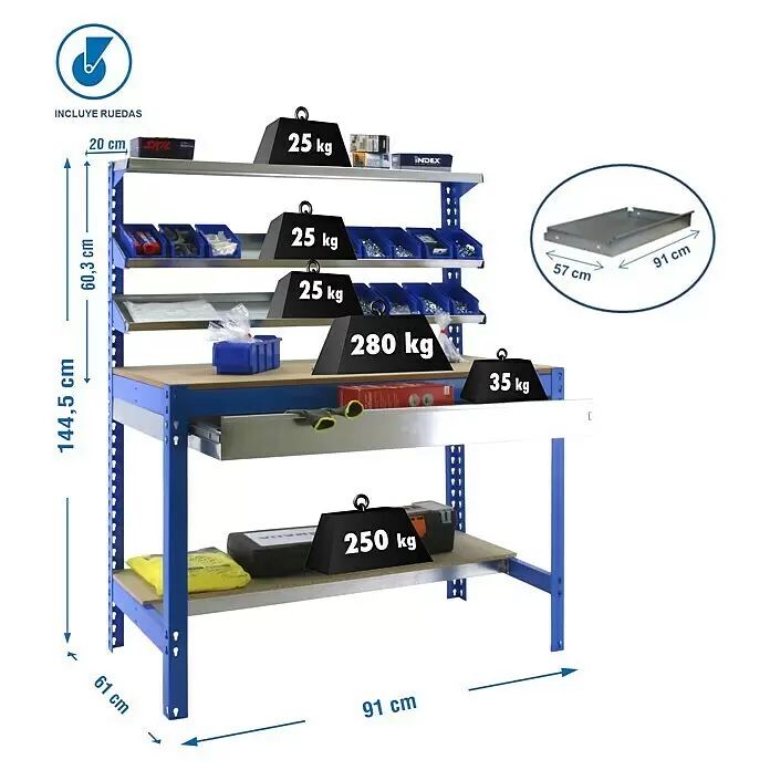 Simonrack Simonwork Banco de trabajo BT1 Box Mobile - L x An: 61 x 91 cm, Altura de trabajo: 152 cm, Carga soportada: 120 kg, Azul - Banco de trabajo azul y plateado con estantes, un cajón y capacidades de peso indicadas. Incluye ruedas.