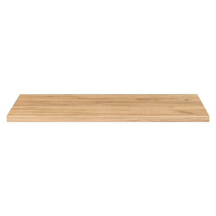 Camargue Espacio Waschtischplatte - 100 x 46 x 3,2 cm, Doce - Holzregal vor schwarzem Hintergrund, das ein Gefühl von Wärme und Natürlichkeit vermittelt. Perfekt für die Produktpräsentation.