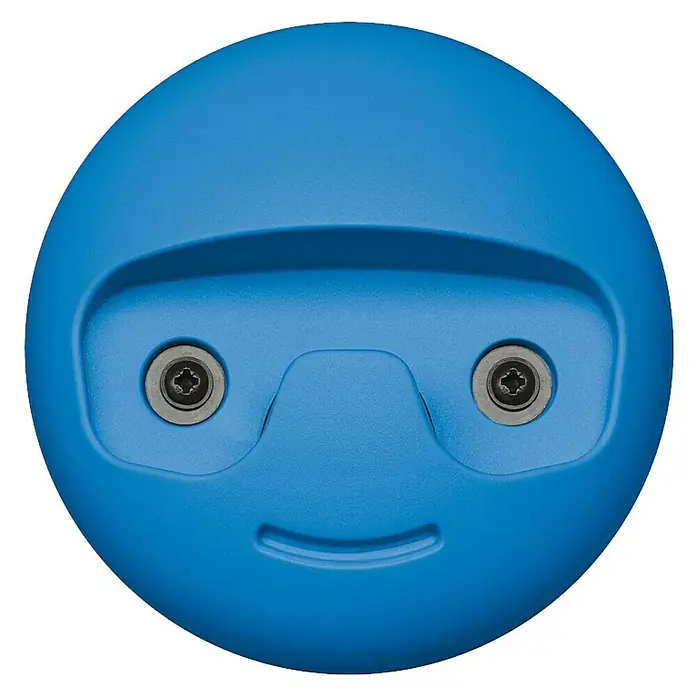 Häfele Gancho para colgar - Diámetro: 119,3 mm, Azul - Objeto azul y redondo con una cara que recuerda a un personaje de dibujos animados. Los ojos están sujetos con tornillos.