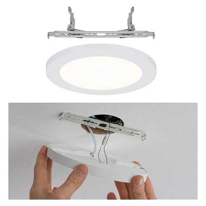 Paulmann LED-Einbauleuchte Cover-it - 12,5 W, Weiß, Durchmesser: 165 mm - Nahaufnahme einer runden LED-Deckenleuchte in Weiß und ihrer Montagehalterung, die eine elegante und effiziente Beleuchtungslösung zeigt.