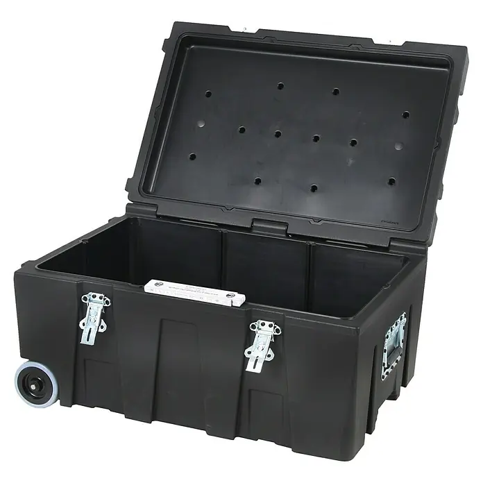 Hepco & Becker Aufbewahrungs- & Transportbox Strongmate 2003 - L x B x H: 590 x 880 x 445 mm, 131 l, High Density Polyethylen (HDPE) - Offene schwarze Werkzeugkiste mit Rädern und Metallverschlüssen für einfachen Transport und sichere Aufbewahrung.