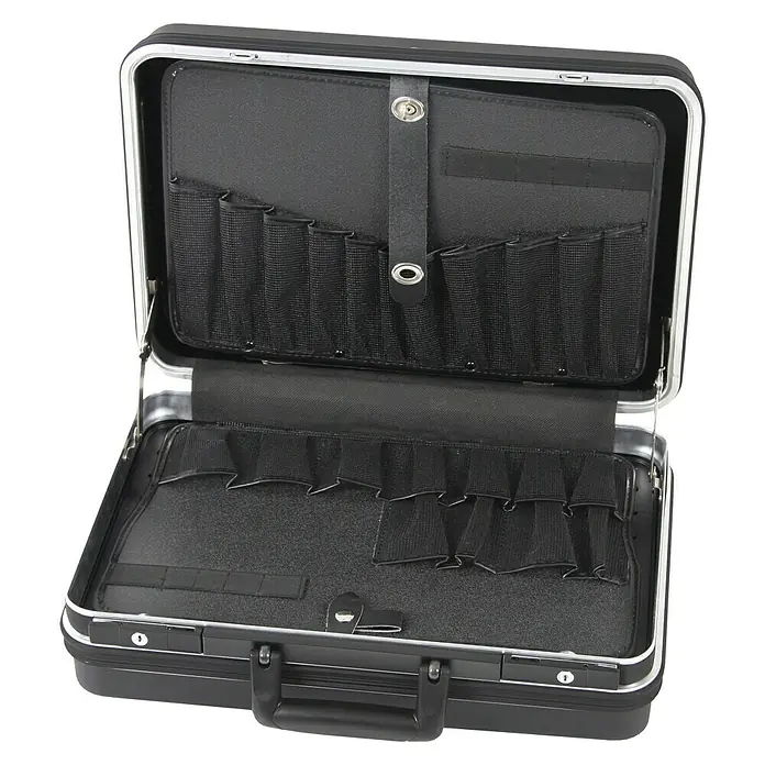 Hepco & Becker Werkzeugkoffer Classic 5110 - L x B: 370 x 490 mm, Höhe: 160 mm, ABS Pro - Offener schwarzer Werkzeugkoffer mit silberfarbenen Akzenten. Das Innere ist organisiert mit mehreren Taschen und Fächern.