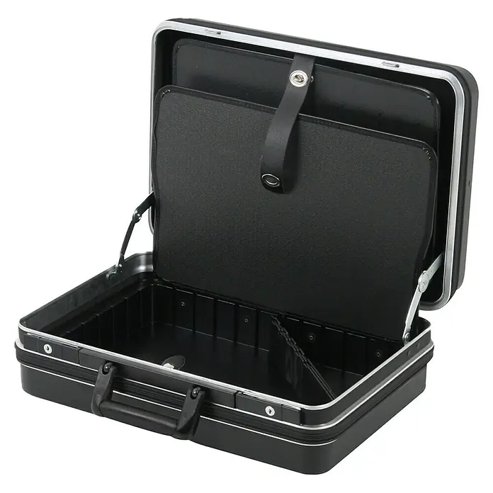 Hepco & Becker Werkzeugkoffer Classic 5112 - L x B: 370 x 490 mm, Höhe: 200 mm, ABS Pro - Offener schwarzer Aktenkoffer mit silberfarbenen Akzenten, der das robuste Design und die Funktionalität hervorhebt.