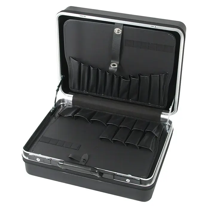Hepco & Becker Werkzeugkoffer Classic 5182 - L x B: 430 x 510 mm, Höhe: 220 mm, ABS Pro - Offener schwarzer Aktenkoffer mit silberfarbenen Akzenten und Innenfächern zur Aufbewahrung von Dokumenten und Büromaterial.