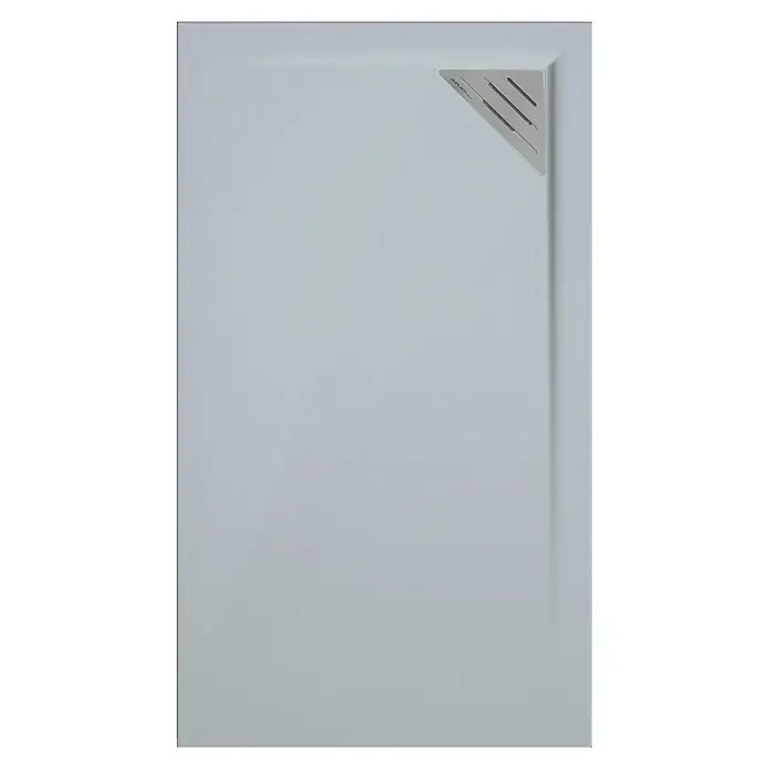 Duplach Plato de ducha Mío - L x An: 80 x 80 cm, Material compuesto, Gris, Rejilla a la derecha - Un plato de ducha rectangular gris con una cubierta de desagüe triangular en la esquina, que añade un toque moderno al baño.
