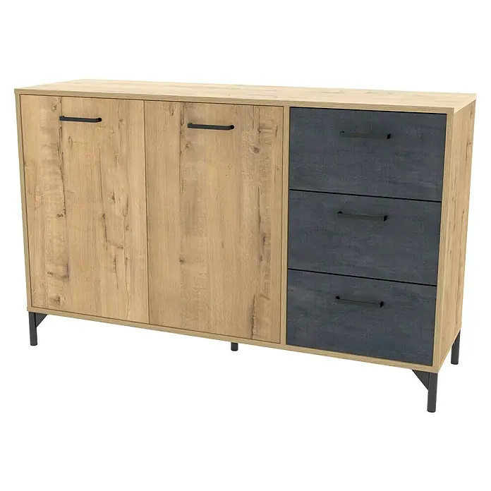 Muebles Pitarch Aparador Nantes - L x An x Al: 40 x 135 x 85 cm, Roble Gold/Mármol, Número de cajones: 3 ud., Número de puertas: 2 ud. - El aparador presenta un diseño moderno con aspecto de madera y cajones antracita. Práctico y elegante para cualquier espacio habitable.