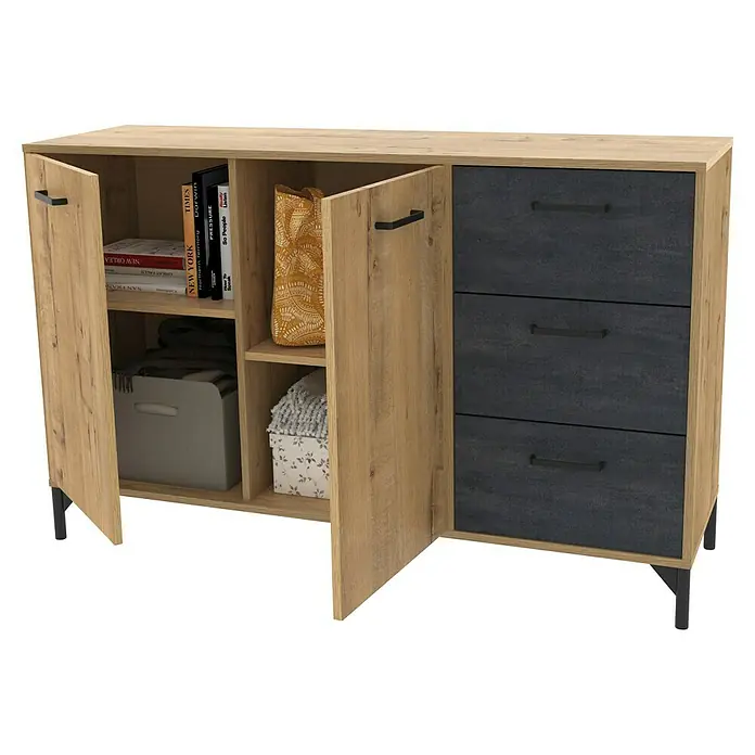 Muebles Pitarch Aparador Nantes - L x An x Al: 40 x 135 x 85 cm, Roble Gold/Mármol, Número de cajones: 3 ud., Número de puertas: 2 ud. - Foto de un armario de madera con cajones y estantes abiertos que almacenan objetos. La madera tiene una textura de aspecto natural.