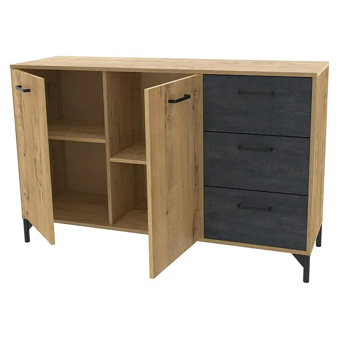 Muebles Pitarch Aparador Nantes - L x An x Al: 40 x 135 x 85 cm, Roble Gold/Mármol, Número de cajones: 3 ud., Número de puertas: 2 ud. - Aparador moderno con textura de madera y tres cajones grises, ideal para salones y comedores.