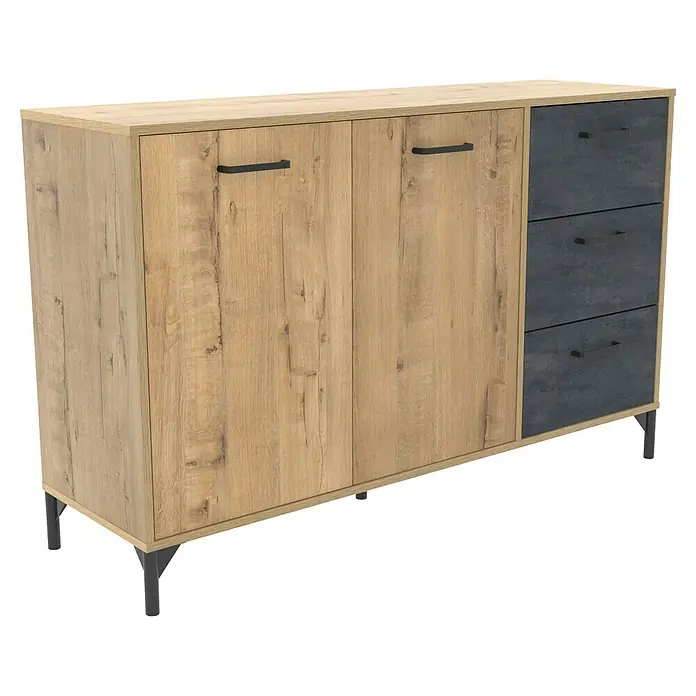 Muebles Pitarch Aparador Nantes - L x An x Al: 40 x 135 x 85 cm, Roble Gold/Mármol, Número de cajones: 3 ud., Número de puertas: 2 ud. - Un aparador moderno con dos puertas de madera y tres cajones grises. El mueble se apoya sobre patas delgadas y negras.