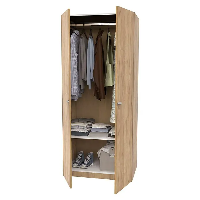 Muebles Pitarch Armario para ropa Taiga - L x An x Al: 52 x 79 x 180 cm, Roble Kraft - Armario abierto que muestra ropa colgada, prendas dobladas y zapatos en estantes para un almacenamiento organizado.