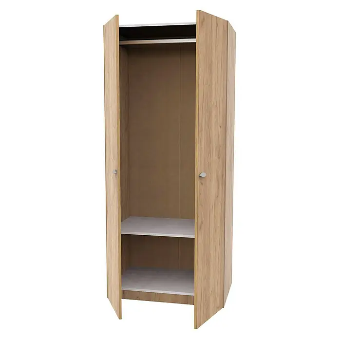Muebles Pitarch Armario para ropa Taiga - L x An x Al: 52 x 79 x 180 cm, Roble Kraft - Un armario espacioso con puertas abiertas, que revela dos estantes blancos y una barra para colgar, ideal para organizar tu ropa.
