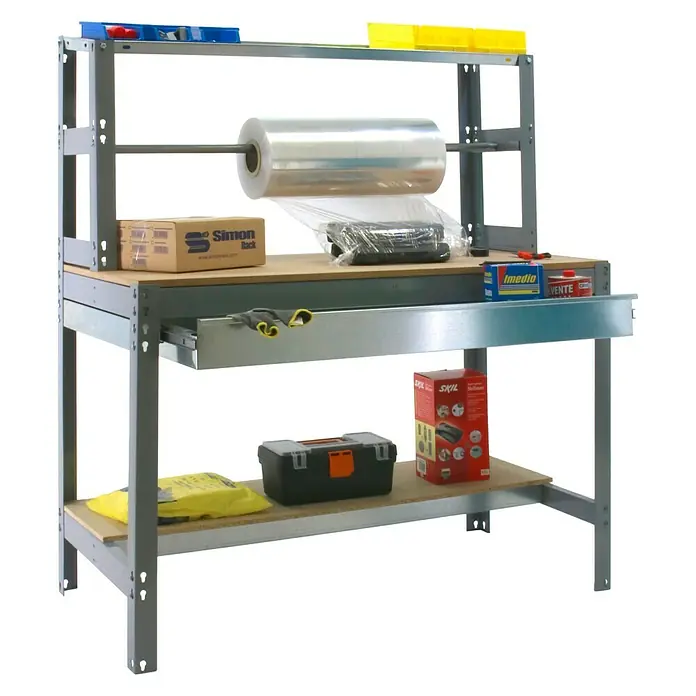 Simonrack Simonwork Werkbank BT4 Box 900 - L x B: 76 x 91 cm, Arbeitshöhe: 144,5 cm, Belastbarkeit: 675 kg, Grau - Werkbank mit Schublade, Rollenhalter und Ablagefläche für Werkzeug und Zubehör. Ideal für Werkstätten und Hobbyräume.