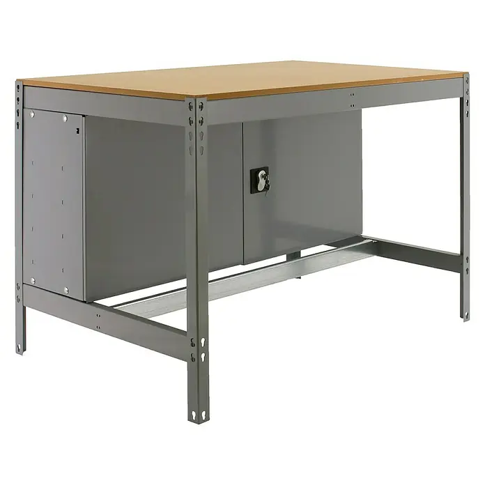 Simonrack Simonwork Banco de trabajo BT0 Locker - L x An: 61 x 90 cm, Altura de trabajo: 84,2 cm, Carga soportada: 400 kg, Gris - Banco de trabajo gris con tablero marrón claro y dos armarios grises con cerradura. ¡Perfecto para talleres!