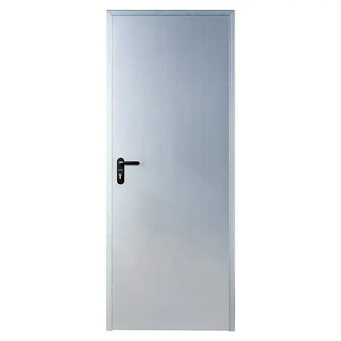 Roper Puerta de trastero Galvanizada - 90 x 210 cm, Derecha, Gris - Puerta interior gris con manija negra. La puerta tiene un marco plateado y un diseño simple, ideal para espacios de vida modernos.