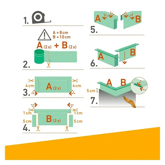 Windhager Schneckenband - L x H: 8 m x 20 cm, Kunststoff, Grün/Transparent - Illustration einer Schritt-für-Schritt-Anleitung zum Basteln eines Eckschutzes, um Pflanzen vor Schnecken zu schützen.