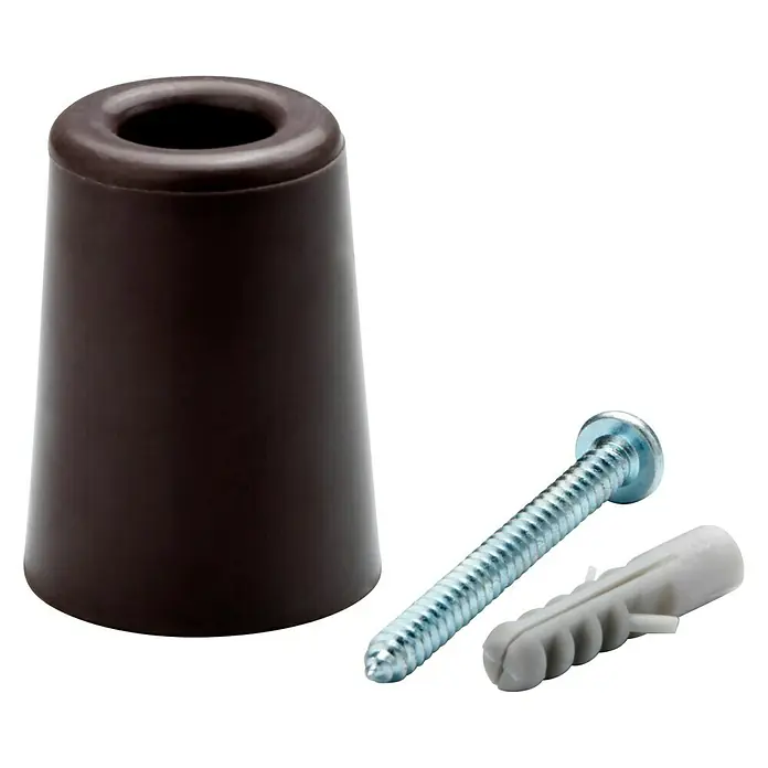 Inofix Tope de puerta 3047 - Caucho macizo, Marrón - Primer plano de un tope de puerta marrón con un tornillo y un taco para fijarlo a la pared o al suelo.