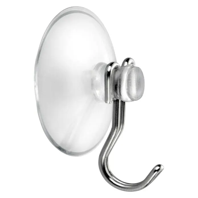 Inofix Gancho con ventosa 1217 - Plástico, Transparente - Primer plano de un gancho de ventosa transparente con un gancho plateado sobre un fondo negro, ideal para colgar artículos ligeros.