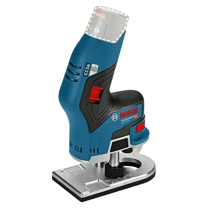 Bosch Professional Akku-Kantenfräser GKF 12V-8 - 12 V, Ohne Akku, Leerlaufdrehzahl: 13.000 U/min - Produktabbildung des Bosch GKF 12V-8 Professional Akku-Kantenfräse mit blauer Gehäusefarbe und silberfarbener Basisplatte.