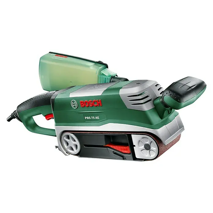 Bosch Elektro-Bandschleifmaschine PBS 75 AE - 750 W - Das Bild zeigt einen grünen Bosch PBS 75 AE Bandschleifer mit Staubabsaugung. Das Werkzeug ist für Schleifarbeiten konzipiert.