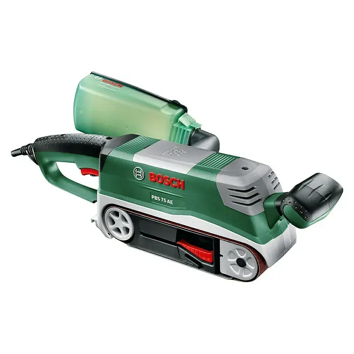 Bosch Elektro-Bandschleifmaschine PBS 75 AE - 750 W - Abbildung eines Bosch PBS 75 AE Bandschleifers in Grün und Grau mit Staubabsaugung.