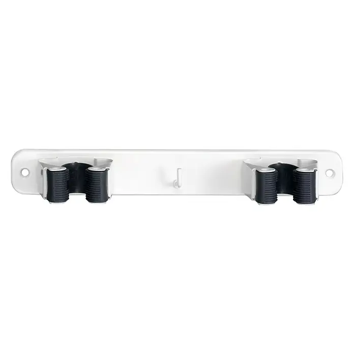 Inofix Colgador para herramientas 3033 - L x An x Al: 23 x 32 x 46 cm, Acero, Blanco - Soporte de pared para escobas y fregonas con dos soportes y un gancho para guardar los utensilios de limpieza.