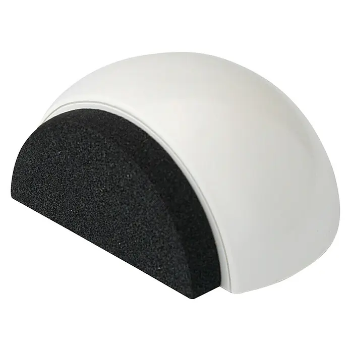 Inofix Tope de puerta 2029 - Plástico, Blanco - Primer plano de un tope de puerta blanco en forma de media luna con espuma negra, diseñado para amortiguar el impacto.