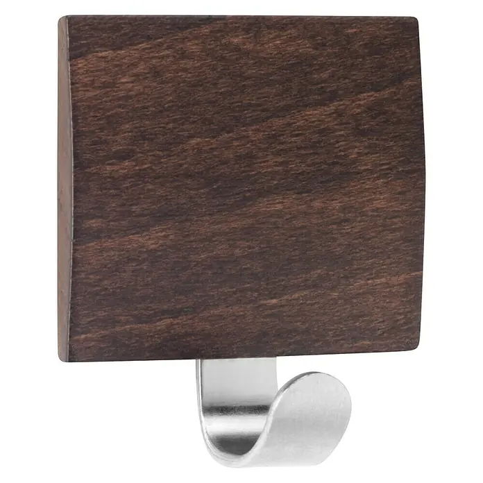 Inofix Colgador adhesivo 2320 - L x An x Al: 5,1 x 4,5 x 2,4 cm, Madera, Wengué - Un gancho de madera cuadrado con un gancho de metal curvado debajo. Ideal para colgar toallas o chaquetas.