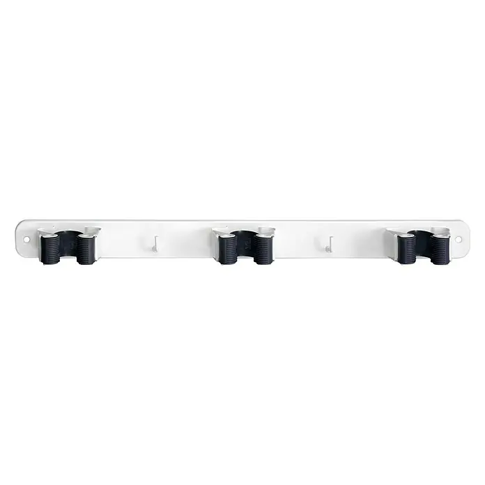 Inofix Colgador para herramientas 3034 - L x An x Al: 37 x 32 x 46 cm, Acero, Blanco - Soporte de pared para escobas y fregonas con tres soportes y ganchos para almacenamiento.