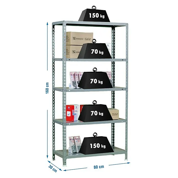 Simonrack Simonclick Estantería metálica Ecoclick Mini - Al x An x Pr: 180 x 80 x 30 cm, Capacidad de carga por balda: 70 kg, Número de baldas: 5 ud., Inserción, Gris - Ilustración de una estantería metálica gris de cinco niveles con dimensiones, cargada con pesos de diferentes kilogramos.
