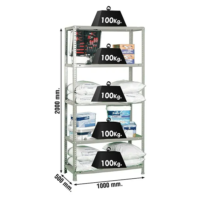 Simonrack Simonclassic Estantería metálica Comfort Plus - Al x An x Pr: 200 x 100 x 50 cm, Capacidad de carga por balda: 100 kg, Número de baldas: 5 ud., Atornillado, Gris - Imagen del producto de una estantería de carga pesada con cinco niveles, cada uno cargado con 100 kg, dimensiones: 2000 mm de alto, 1000 mm de ancho, 500 mm de profundidad.