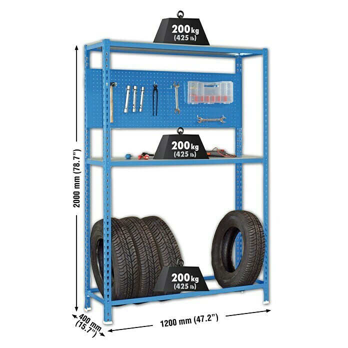 Simonrack Simonauto Estantería para almacenamiento de neumáticos Simonracing (L x An x Al: 40 x 120 x 200 cm, Capacidad de carga: 180 kg/balda, Número de baldas: 3 ud., Azul)
