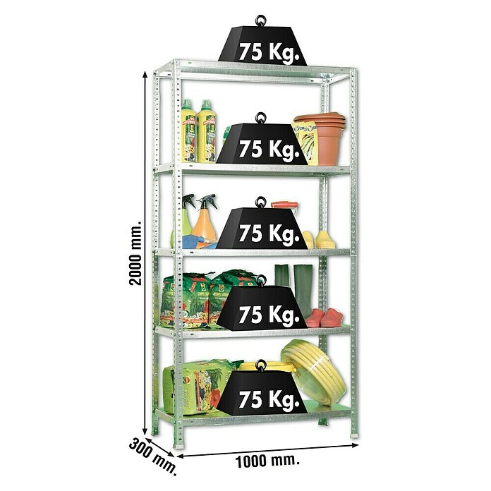 Simonrack Simonclassic Estantería metálica Advantage Plus (L x An x Al: 30 x 100 x 200 cm, Capacidad de carga: 75 kg/balda, Número de baldas: 5 ud., Plateado)