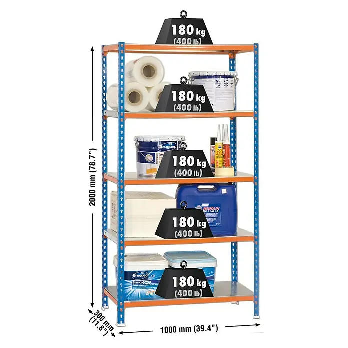 Simonrack Simonclick Estantería metálica Plus - Al x An x Pr: 200 x 100 x 30 cm, Capacidad de carga por balda: 180 kg, Número de baldas: 5 ud., Inserción, Azul/Naranja - Una robusta estantería metálica de cinco niveles, cargada con diversos productos e indicaciones de peso.