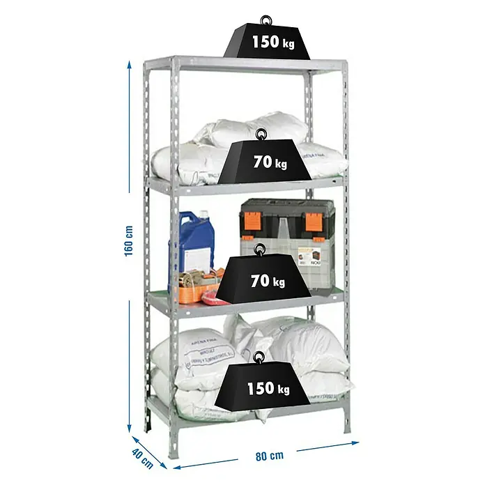 Simonrack Simonclick Metallregal Ecoclick Mini - H x B x T: 160 x 80 x 40 cm, Traglast pro Boden: 70 kg, Anzahl Böden: 4 Stk., Stecken, Silber - Ein Metallregal mit vier Ebenen, beladen mit verschiedenen Gewichten und Gegenständen, dargestellt mit Größenangaben.