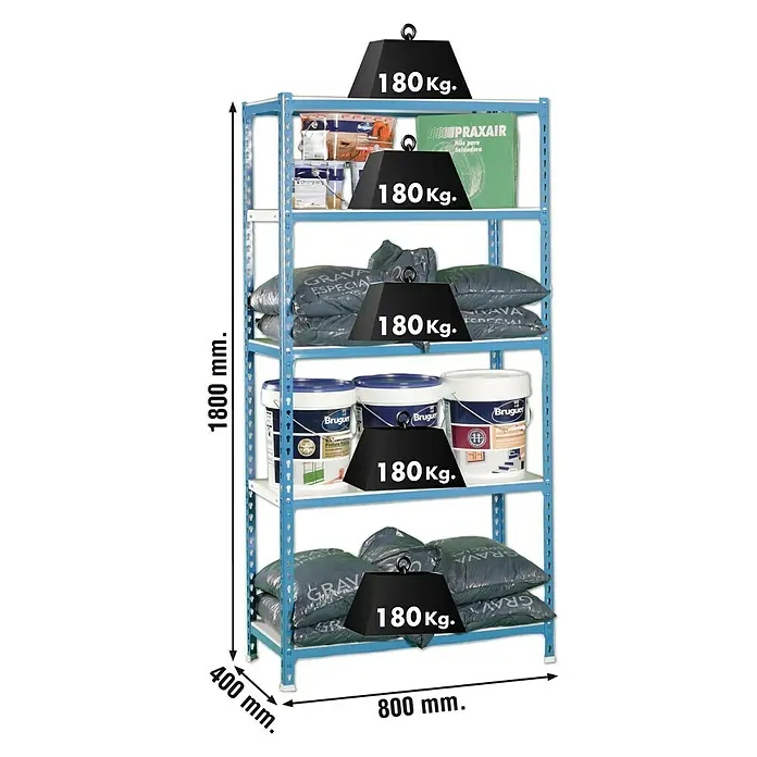 Simonrack Simonclick Estantería metálica Mini - Al x An x Pr: 180 x 80 x 40 cm, Capacidad de carga por balda: 180 kg, Número de baldas: 5 ud., Inserción, Azul/Blanco - Estantería de cinco niveles cargada con pesas de 180 kg en cada estante, mostrando su robustez y capacidad de carga.