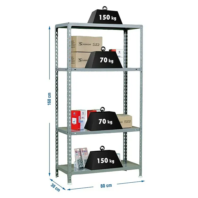 Simonrack Simonclick Metallregal Ecoclick Mini - H x B x T: 160 x 80 x 30 cm, Traglast pro Boden: 70 kg, Anzahl Böden: 4 Stk., Stecken, Grau - Abbildung eines robusten, grauen Metallregals mit vier Ebenen, beschriftet mit Gewichtskapazitäten.