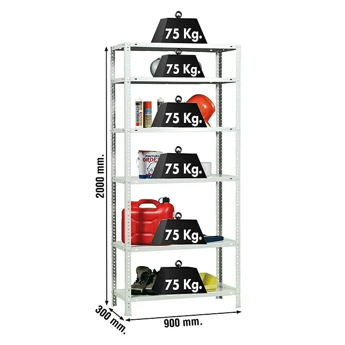 Simonrack Simonclassic Estantería metálica Advantage - Al x An x Pr: 200 x 90 x 30 cm, Capacidad de carga por balda: 75 kg, Número de baldas: 6 ud., Atornillado, Blanco - Una estantería metálica blanca con seis estantes, cada uno cargado con 75 kg, y cuyas dimensiones se indican.