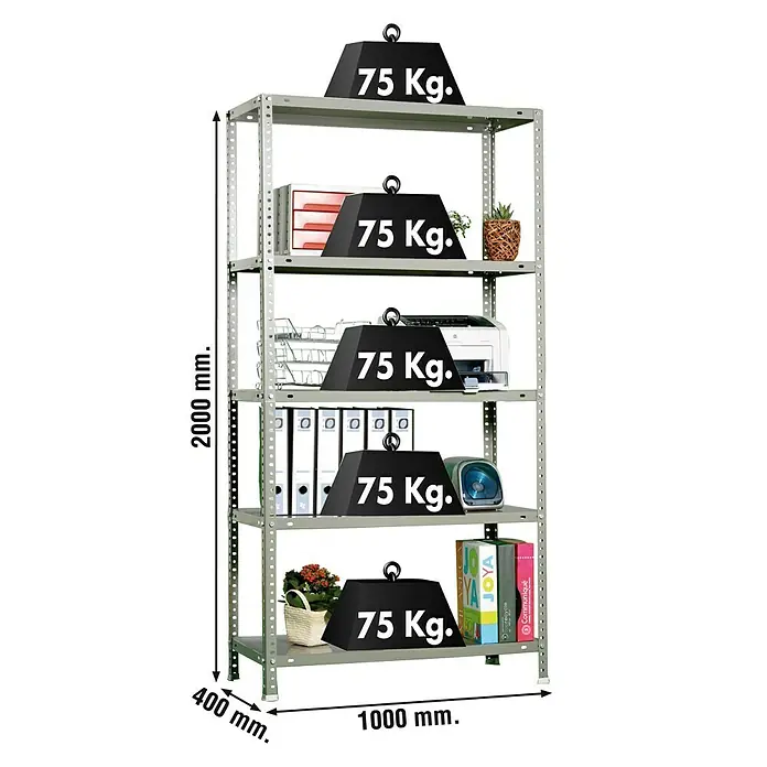 Simonrack Simonclassic Estantería metálica Advantage Plus - Al x An x Pr: 200 x 100 x 40 cm, Capacidad de carga por balda: 75 kg, Número de baldas: 5 ud., Atornillado, Gris - Imagen de una estantería metálica resistente con cinco niveles, cada uno cargado con un peso de 75 kg y detalles de dimensiones.
