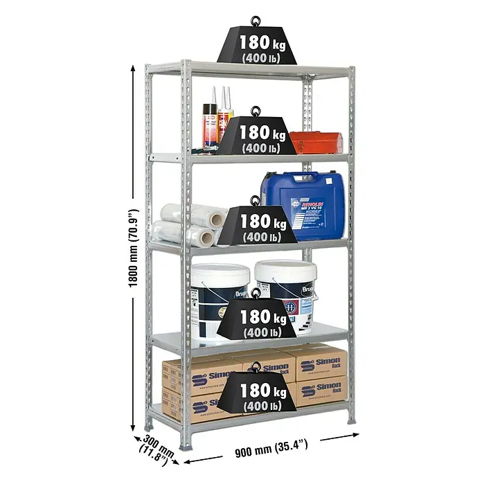 Simonrack Simonclick Estantería metálica - Al x An x Pr: 180 x 90 x 30 cm, Capacidad de carga por balda: 180 kg, Número de baldas: 5 ud., Inserción, Galvanizado - Imagen de una estantería resistente de cinco niveles, cargada con varios artículos y pesos de hasta 180 kg por nivel.