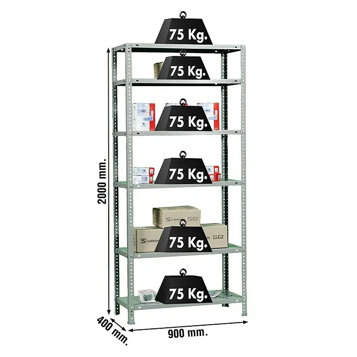 Simonrack Simonclassic Metallregal Advantage - H x B x T: 200 x 90 x 40 cm, Traglast pro Boden: 75 kg, Anzahl Böden: 6 Stk., Schrauben, Silber - Graues Metallregal mit sechs Fächern, auf denen Gewichte und Kartons platziert sind. Die Maße des Regals sind angegeben.