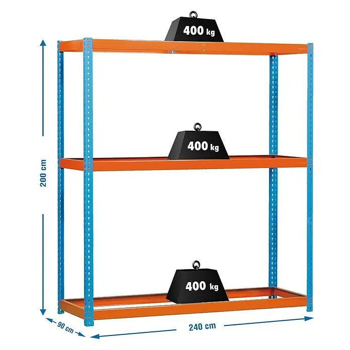 Simonrack Simonforte Estantería para cargas pesadas - Al x An x Pr: 200 x 240 x 90 cm, Número de baldas: 3 ud., Inserción, Azul/Naranja, Capacidad de carga por balda: 400 kg - Imagen de una estantería resistente con tres niveles y pesos.
